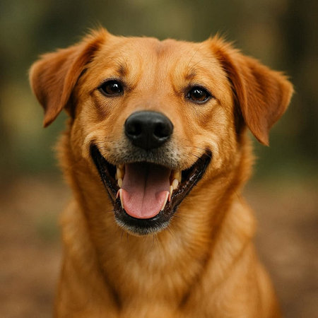 Close-up portrait of a happy dog in the autumn forest.の写真素材