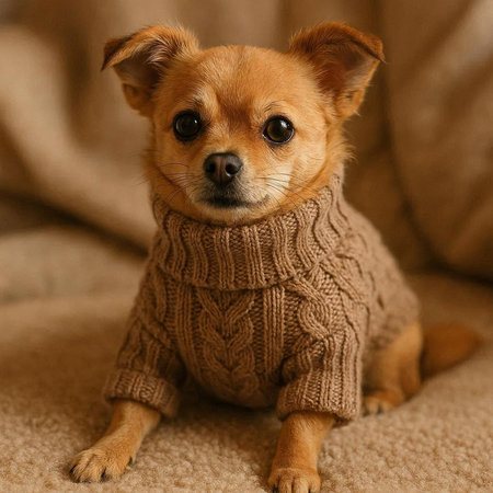 Chihuahua dog in a knitted sweater on a sofaの写真素材