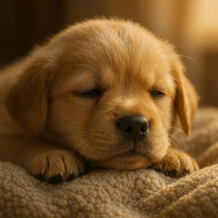 Labrador puppy sleeping on a soft blanket. Close-up.