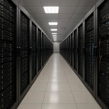 3d render of server room with rows of hard drives in data center