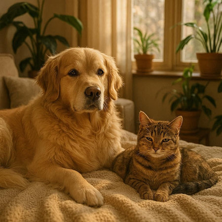 Golden Retriever and cat on the bed in the room.
