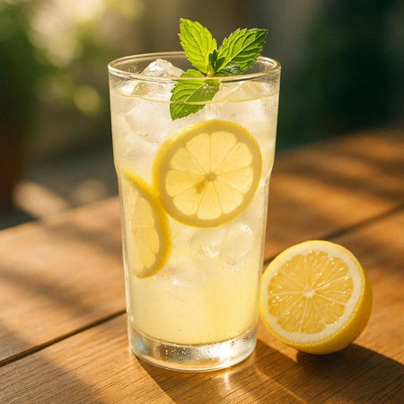 Lemonade with lemon and mint in a glass on a wooden tableの写真素材