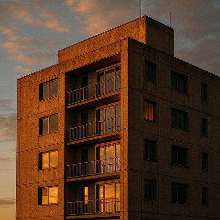 Modern apartment buildings at sunset. Perspective view of a modern apartment building.の写真素材
