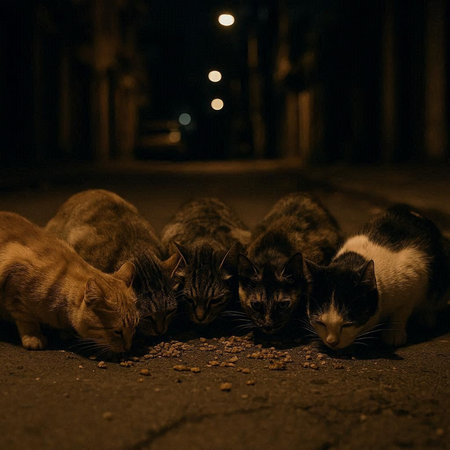 Group of stray cats eat food on the street at night. Selective focus.の写真素材