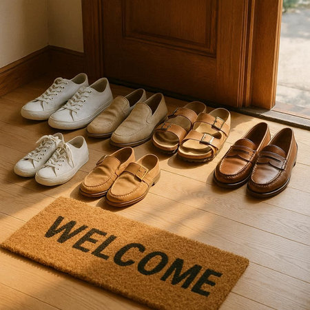 Welcome Welcome Welcome To Home Decorated Wicker Doormatの写真素材