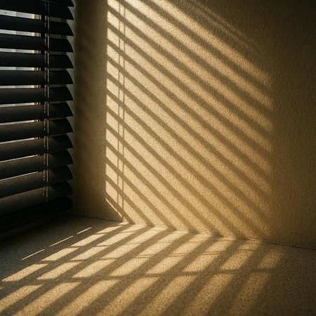 Sunlight through the blinds on the window in a room.