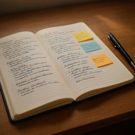 Notebook and pen on a wooden table. Selective focus.