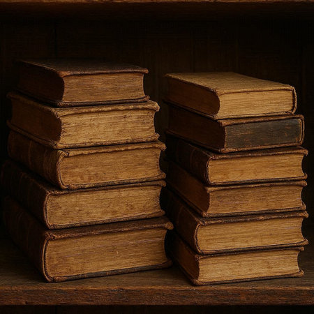 Old books on a shelf in a dark room. Toned.の写真素材
