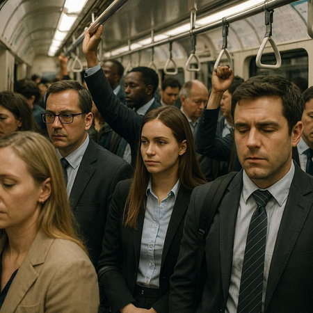 Group of business people in London subway.