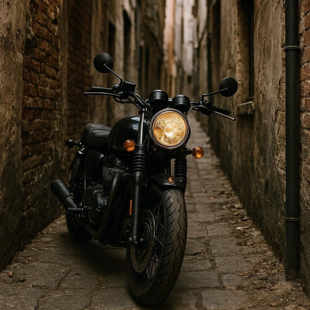 Black classic custom motorcycle parked on the street in the old city.