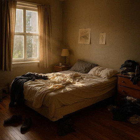 Interior of a room with a big bed and a window.の写真素材