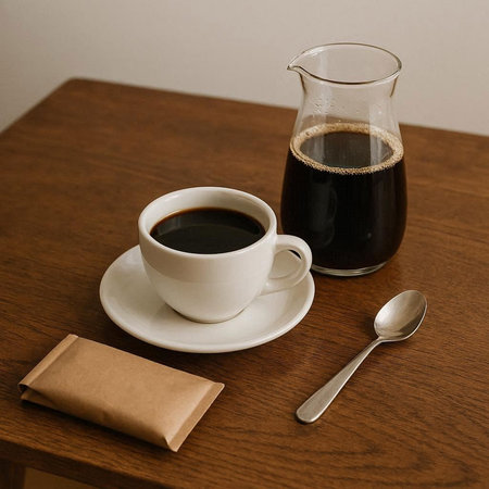Coffee cup and saucer on a wooden table with paper bagの写真素材