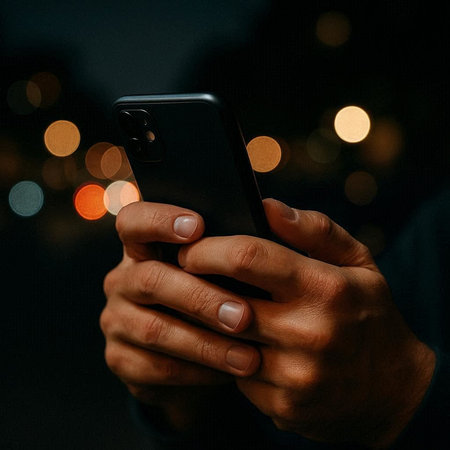 Close up of a man's hand holding a mobile phone with bokeh background