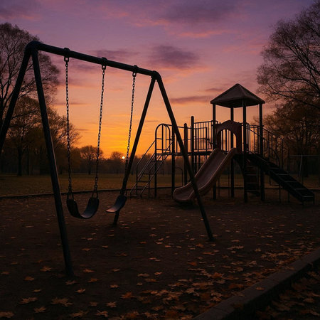 Children's playground in the park at sunset. Children's swing.