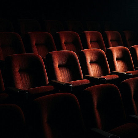 Cinema auditorium with red seats and a row of chairs