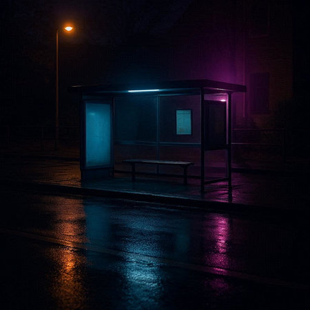 Illuminated bus stop on the street at night in the fogの写真素材