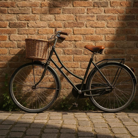 Vintage bicycle with basket on brick wall background. Side view.の写真素材