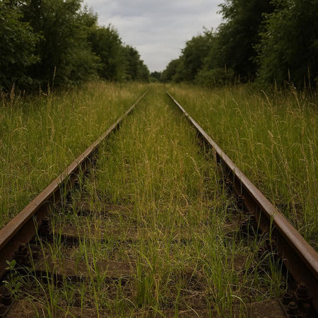 Railway tracks in the field with green grass and forest in the backgroundの写真素材