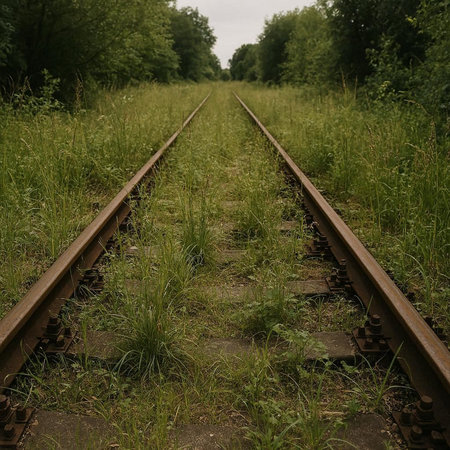Railway tracks in the green meadow on a cloudy day.