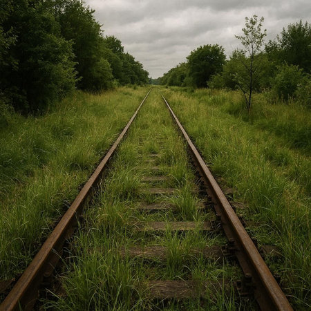 Railway tracks in the green grass on a cloudy day in summerの写真素材