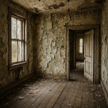 Interior of an old abandoned building with broken windows and a wooden floor