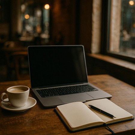 Laptop with blank screen and coffee cup on wooden table in cafeの写真素材