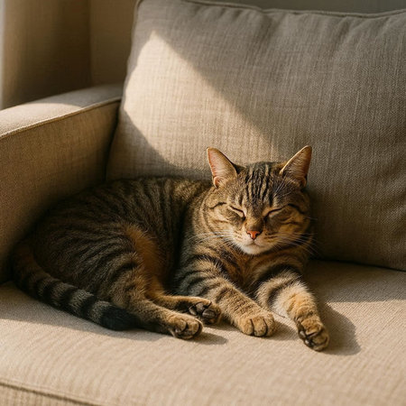 Cute tabby cat sleeping on a sofa in the sun.の写真素材