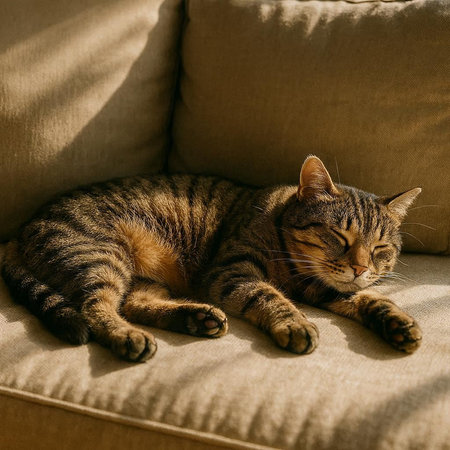 Beautiful tabby cat sleeping on a sofa in the sunlight.の写真素材