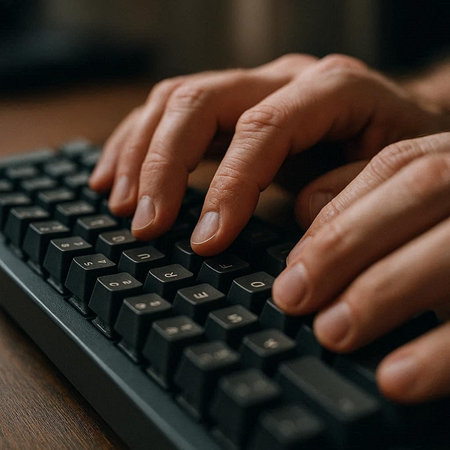 Close up of male hands typing on a computer keyboard. Male hands typing on a computer keyboard.
