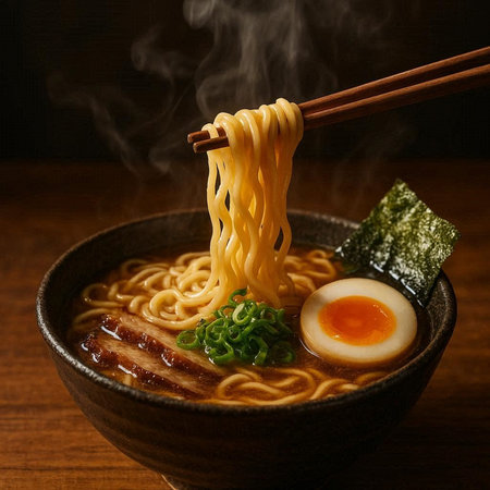 Japanese ramen noodle soup with pork and egg on wooden background