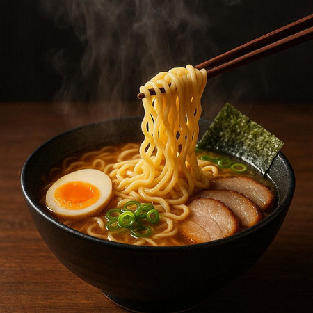 Japanese ramen noodle soup with pork and egg in black bowl on wooden table