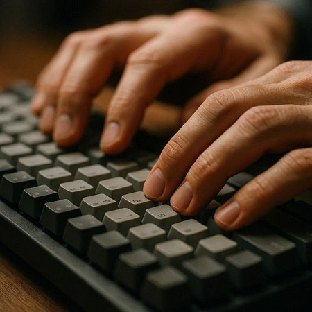 Hands typing on a computer keyboard. Close up. Selective focus.