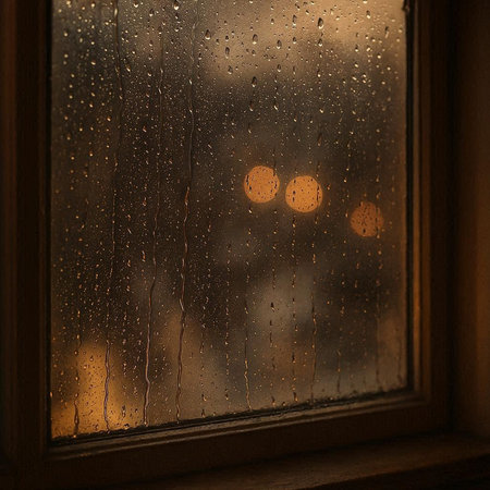 Raindrops on the window with bokeh lights in the background