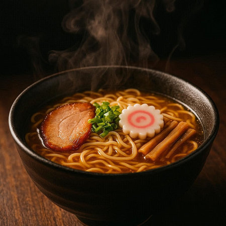 japanese ramen noodle soup with pork and vegetables on wooden backgroundの写真素材
