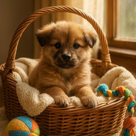 Cute puppy in a wicker basket on the windowsill.の写真素材