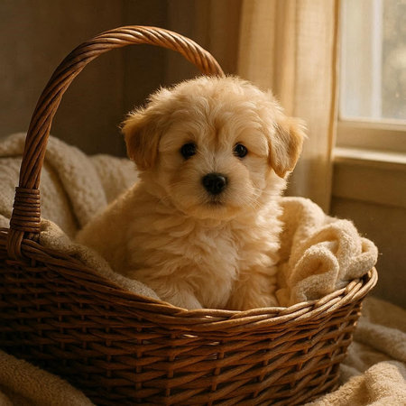 Cute puppy in a wicker basket.の写真素材