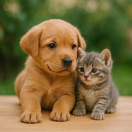 Adorable puppy and kitten sitting together on a wooden table in the garden.の写真素材