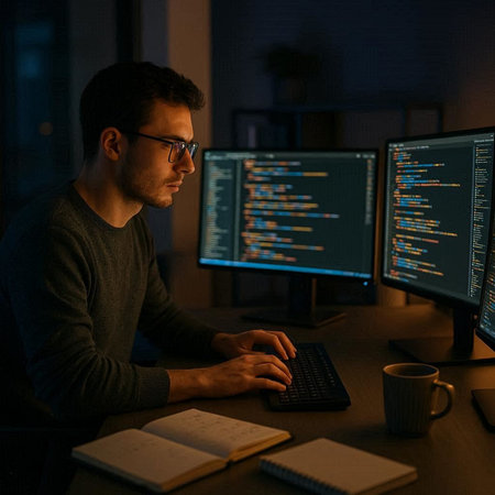 Side view of young man in eyeglasses working on computer at night