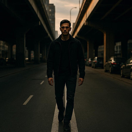Young man in black sportswear walking in the city.の写真素材
