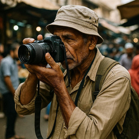 Old man with a camera in his hand in the old city.