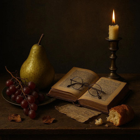 Still life with old book, pears, grapes and a candleの写真素材