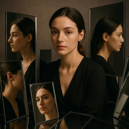 Portrait of beautiful young woman in black dress looking at herself in mirror