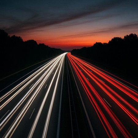 Car light trails on the road at sunset. Long exposure photo.