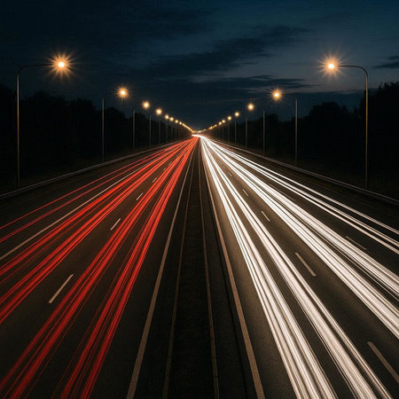 Car light trails on the road at night, 3d illustration.