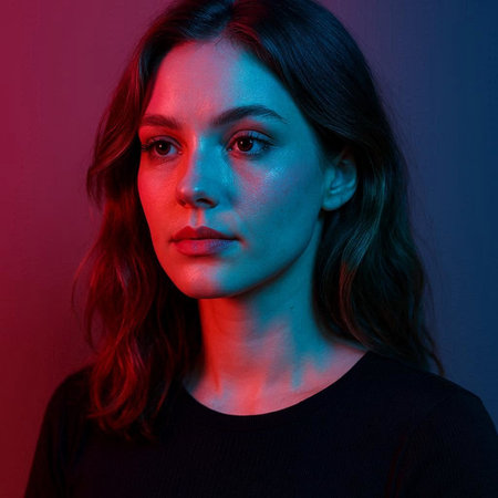 Portrait of a beautiful young woman with red lighting on her face