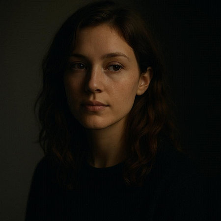 Portrait of a beautiful girl with long hair on a dark backgroundの写真素材