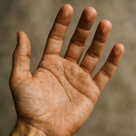 Man's hand on a gray background. Selective focus. Shallow depth of field.