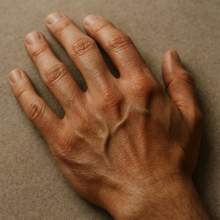 Close-up of a man's hand on a brown background.