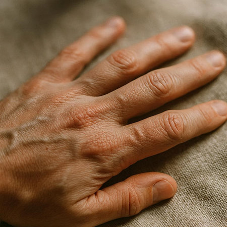Close-up of a man's hand on a linen background.