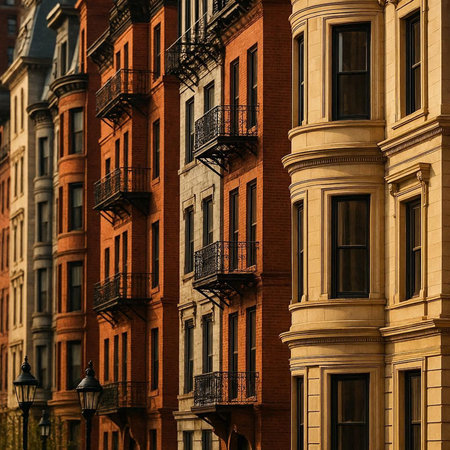 Row of old brick houses in Manhattan, New York City, USA.
